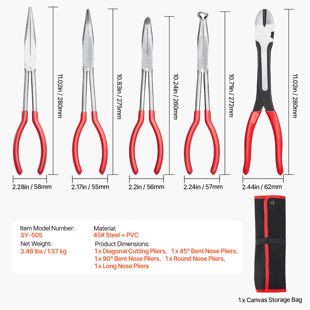 5-Piece, Needle Nose, 11 in Long Needle Nose, Diagonal Cutting 45°/90°, Bent Round Nose Pliers