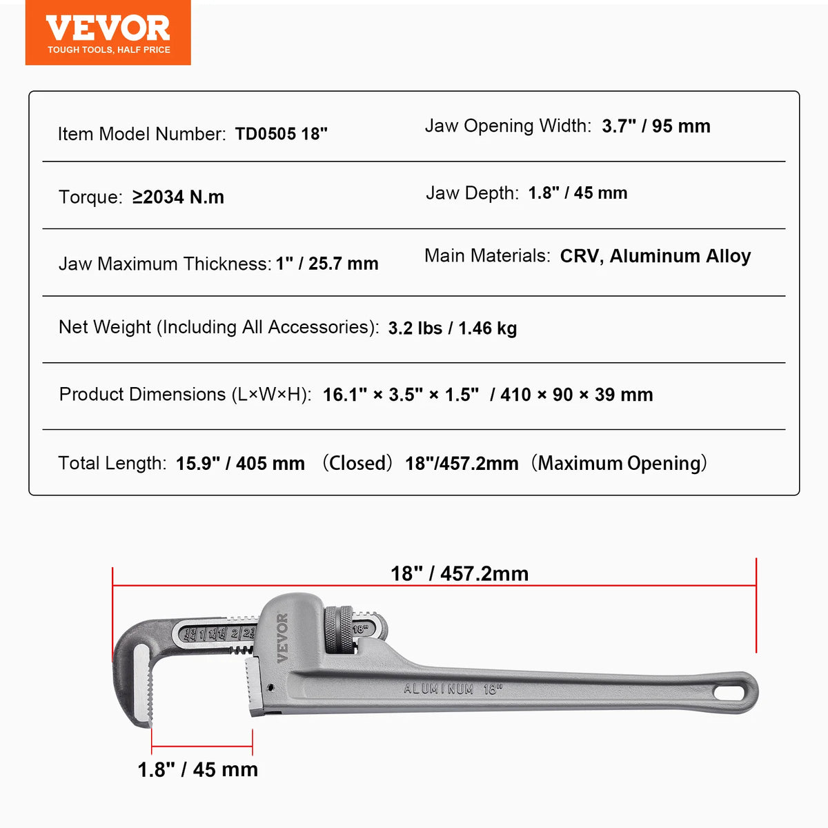 Vevor Pipe Wrench Aluminum Straight Pipe Wrench Adjustable Plumbing Wrench High Strength Jaw & Ergonomic Handle Automotive