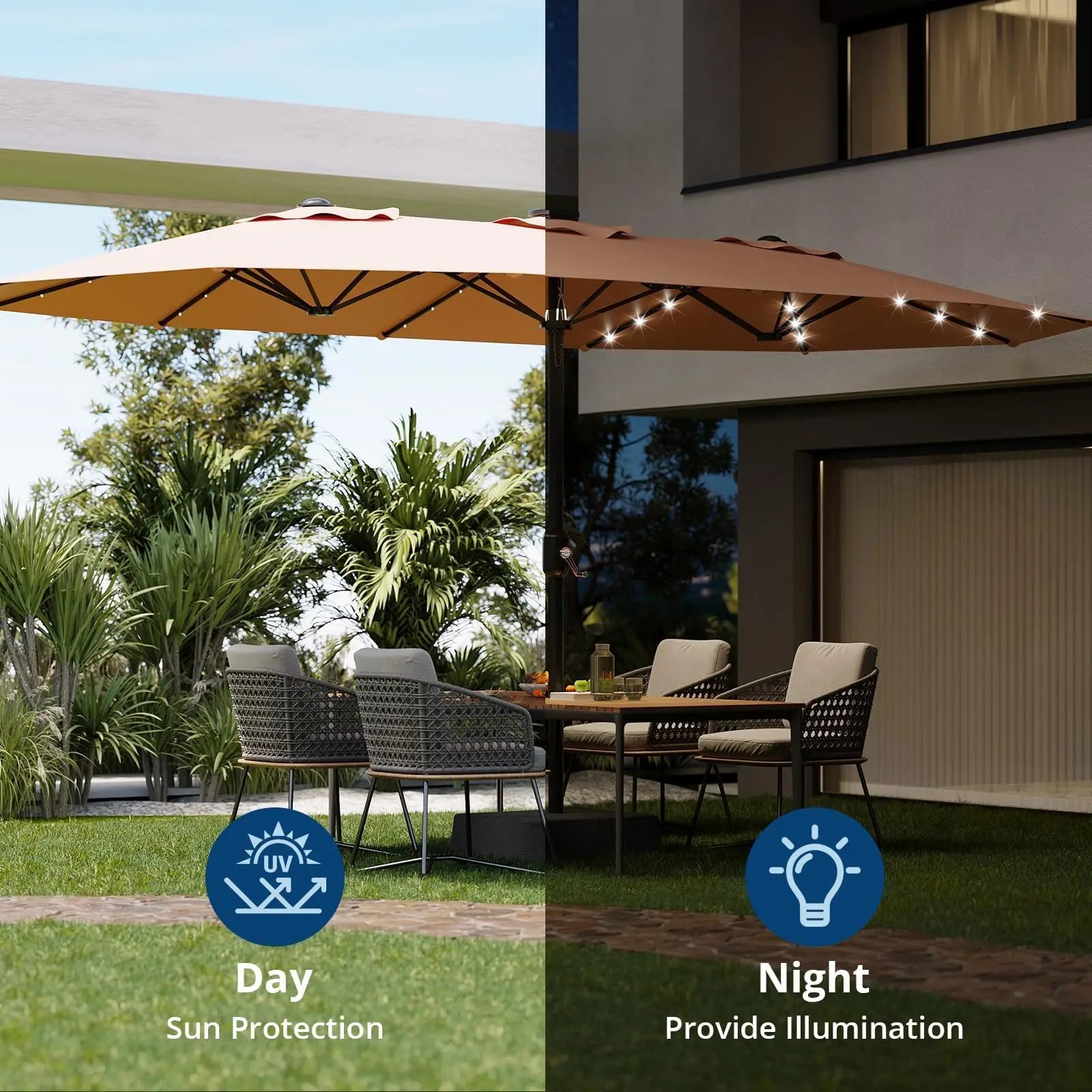 15Ft Outdoor Patio Umbrella, Umbrella With Solar LED Lights & Base, Large Rectangle Sunshade W/Crank Handle, UV Protection For Pool/Lawn