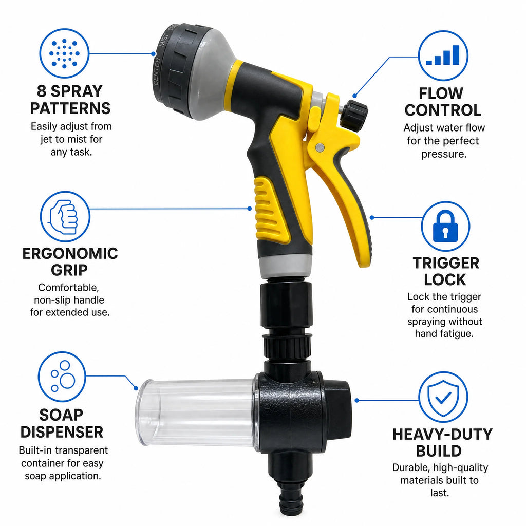 8 Spray Modes Garden Hose Spray Gun with Transparent Soap Dispenser Bottle, Adjustable High Pressure Water Nozzle, Anti-slip Handheld Water Sprayer for Car Washing, Pet Bathing, Garden Watering, 2 Colors Optional