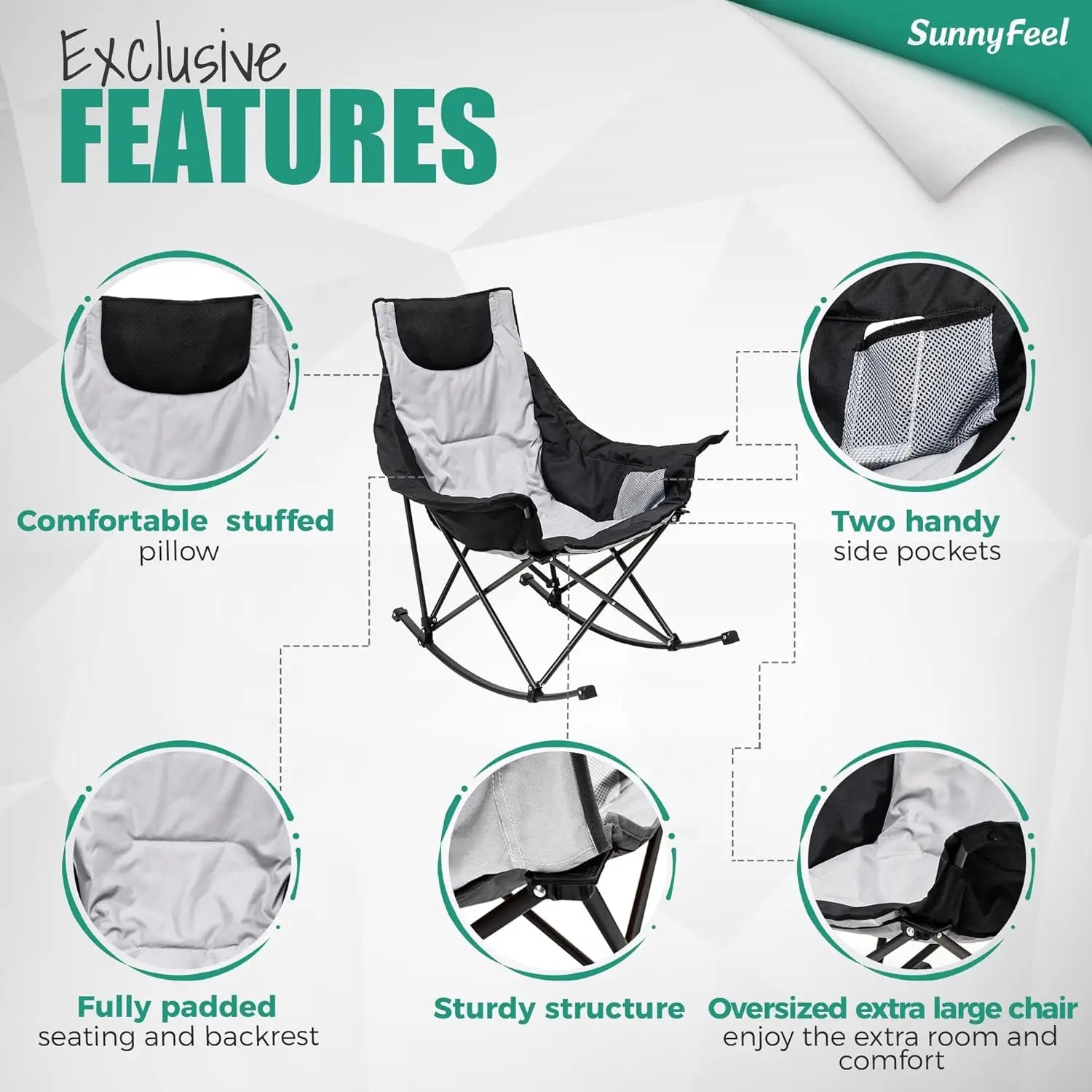 Oversized Rocking Camping Chair, Fully Padded High Back Patio Recliner with Headrest, Heavy Duty 500 LBS Capacity, Portable Lawn