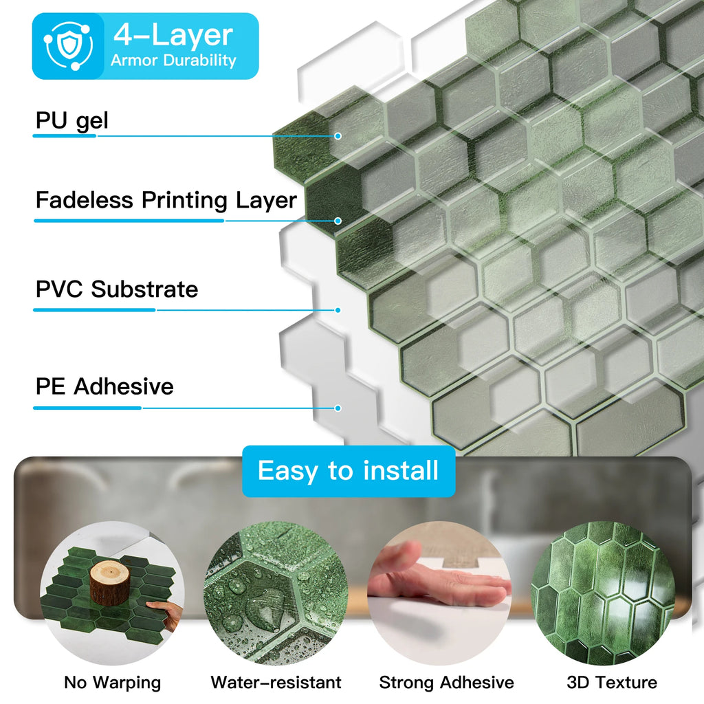 Peel And Stick Backsplash, 10-Pack, Vinyl, Deep Green