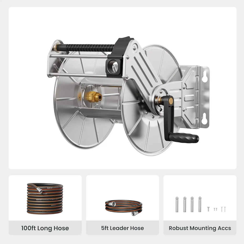 Giraffe Tools Stainless Steel Garden Hose Reel Heavy Duty, Wall/Floor Mounted Stainless Water Hose Reel Retractable with Crank, 150-Feet 5/8" Hose Capacity. With 100FT hose or No Hose.