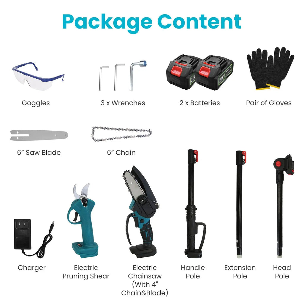MounTEK 4-in-1 Pole Pruning Shears, Electric Pruning Shears & pole saws for tree trimming with 7 adjustable head angles,Cordless Pole Shears and Battery Pole Saw with 2Pcs 3000mAh rechargeable batteries
