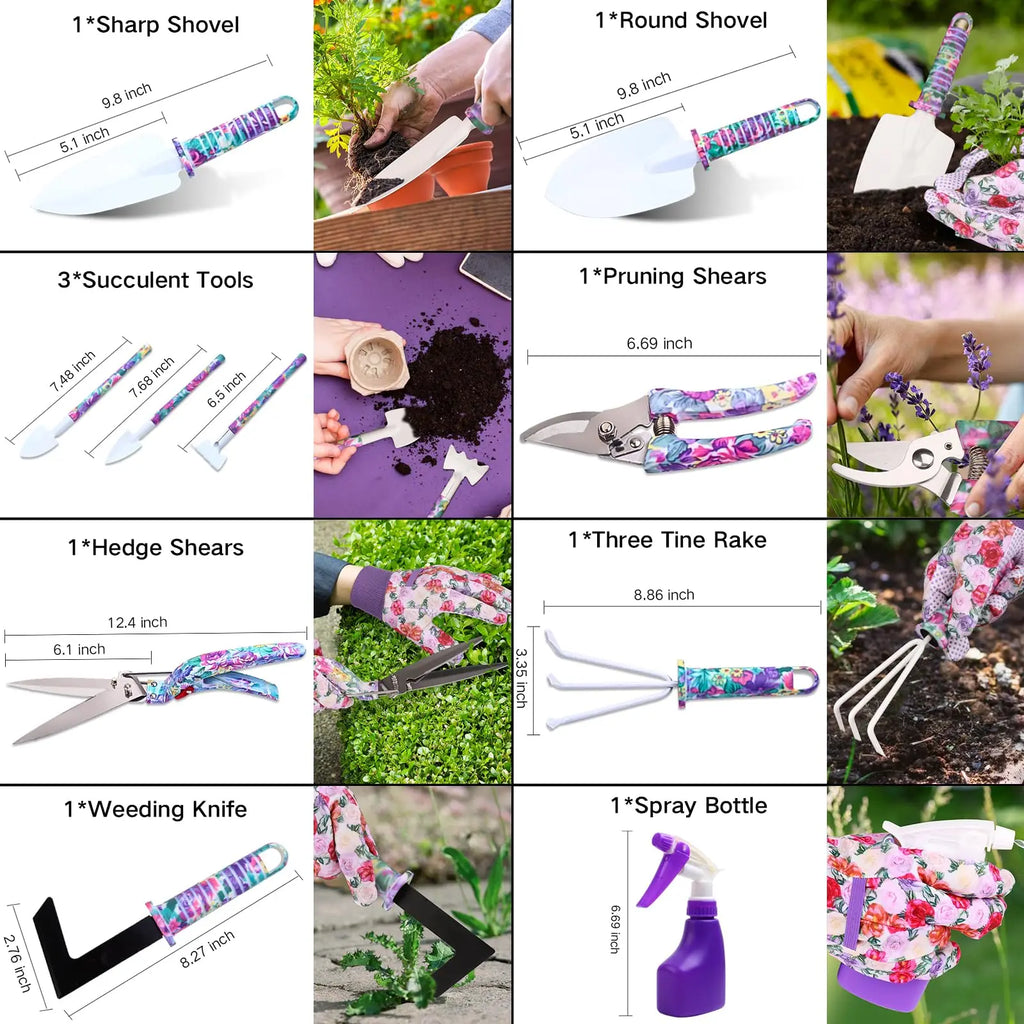 5/10 Pcs Gardening Tools Set with Carrying Case and Floral Print Ergonomic Handle Trowel Rake Weeder Pruner Shears Sprayer Gifts