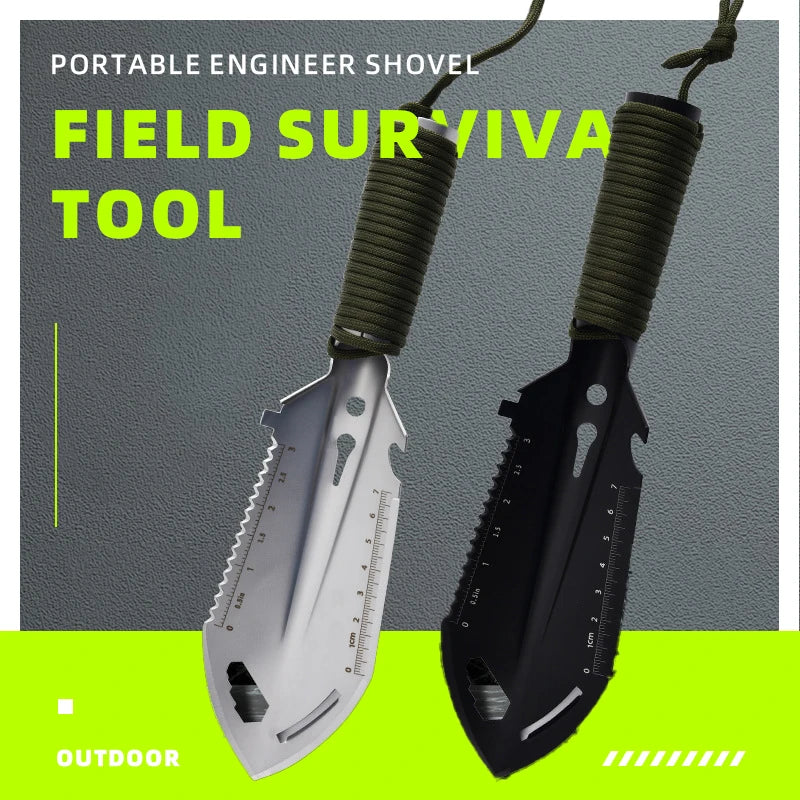 Survival Shovel, Stainless Steel Multi-Tool Camping Spade with Pickaxe & Saw, Portable Tactical EDC Gear for Hiking