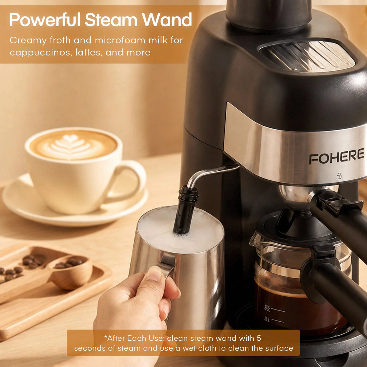 Fohere Steam Espresso Machine, 3.5 Bar 4 Cup, Professional Compact Espresso and Cappuccino Maker with Milk Frother and Carafe for Coffee, Latte and Mocha