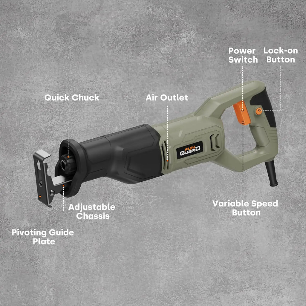 Reciprocating Saw, 710W, 2800 RPM Variable Speed, Tool-Free Blade Change, 20mm Stroke Length, 6pc Blades for Wood, Soft Metal, PVC Pipe Cutting