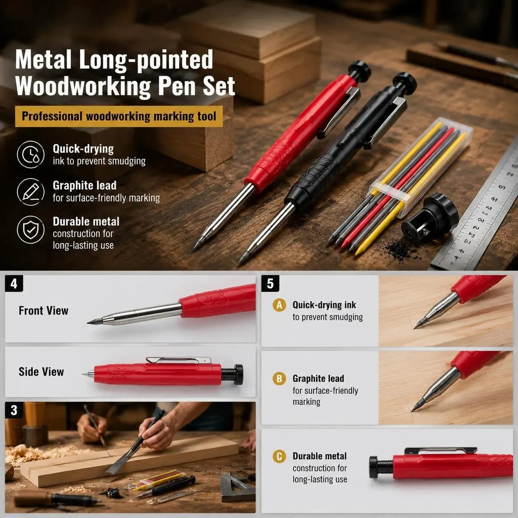 STONEGO Carpenter Pencil Set with 6 Refills and Built in Sharpener Professional Mechanical Marking Pencil for Construction Architecture Woodworking Scriber Tool High Precision Durable Hand Tool Set for Engineers and Builders