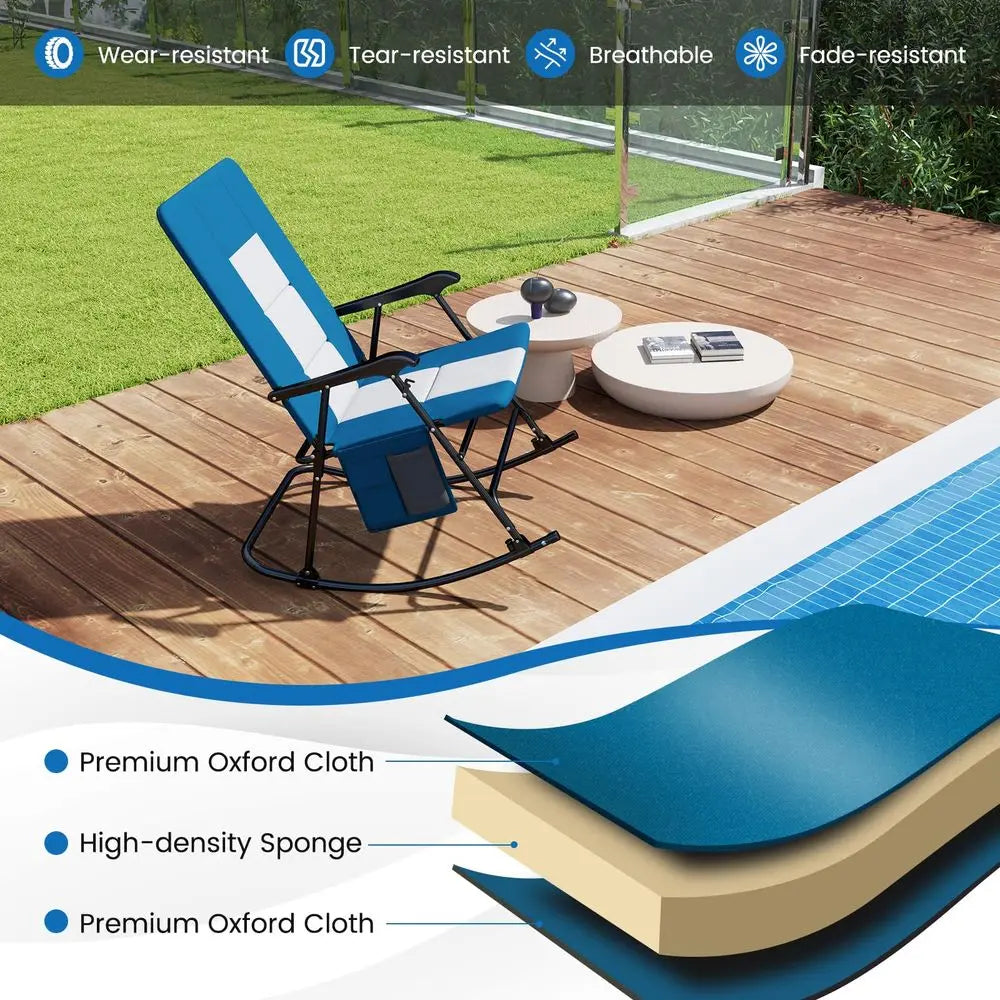 Oversized Folding Rocking Chair, Padded Patio Lounge Rocker w Metal Frame, Armrests, Side Pocket, Lightweight Portable Rocking