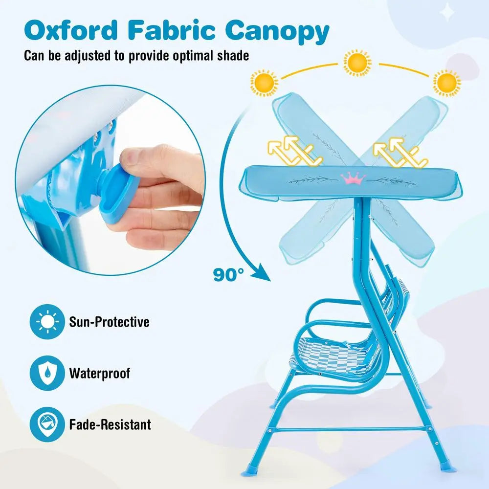 Kids Patio Swing, 2Seater Outdoor Porch Swing Lounge Chair, Adjustable Canopy amp Safety Belt, All Weather Resistant Waterproof