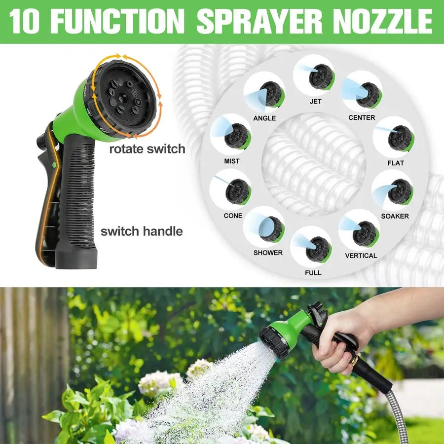 100ft Stainless Steel Water Hose, Brass Fittings, Sprayer Nozzle, No Kink, Rust Proof