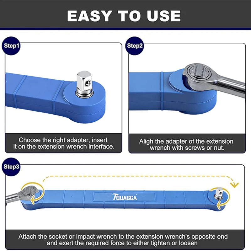 Tquagga Tight Reach Offset Extension Wrench Set – 15.5" Heavy-Duty Carbon Steel Wrench with 1/2", 1/4" & 3/8" Drive Adapters, Zero Swing Arc for Confined Spaces, Universal Access Tool for Automotive Repair & Home DIY