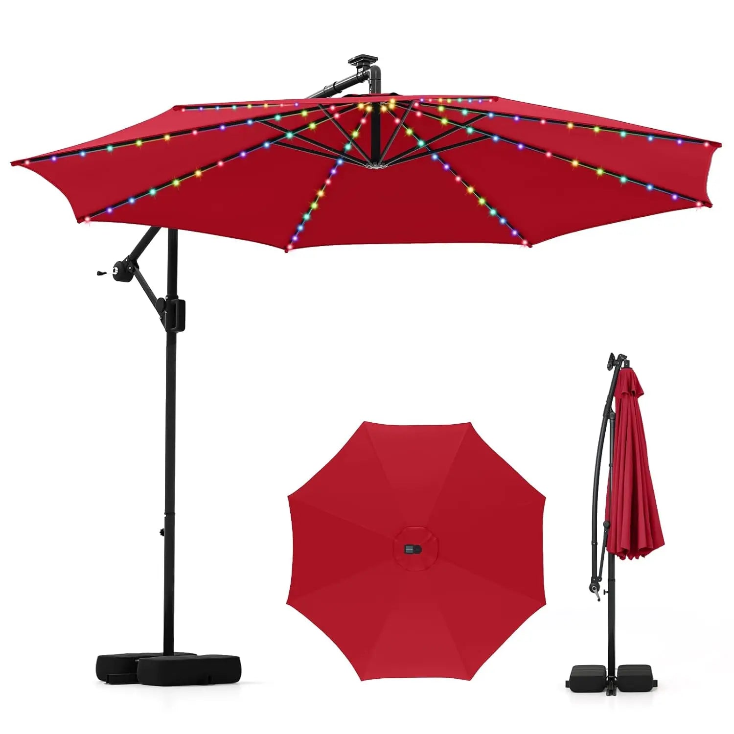 10 FT Solar Patio Umbrella with Base Included, Cantilever Offset Hanging Outdoor Umbrella with 96 Multi-Colored Solar Lights