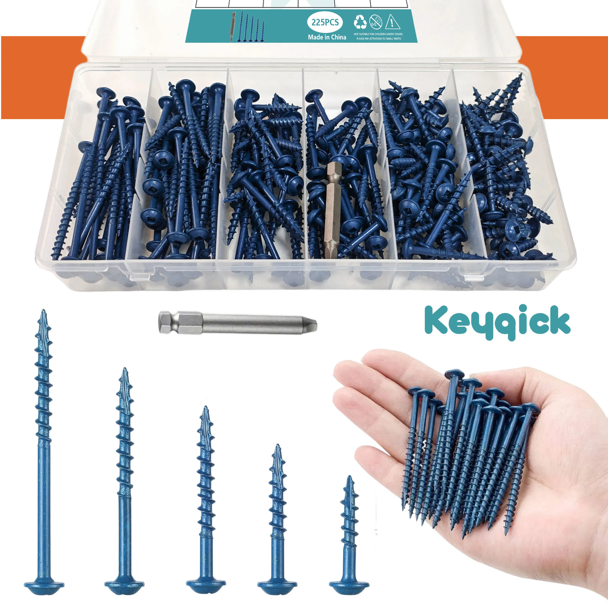Keyqick 225pcs Square Hole Screw Combination, 5 Sizes, #8 Pocket Screw, Blue Anti Rust Coated Pocket Hole Screw, Used for External, Square Drive, Including Drive Head, Multifunctional Durable Wood Screws, Suitable for Home/In