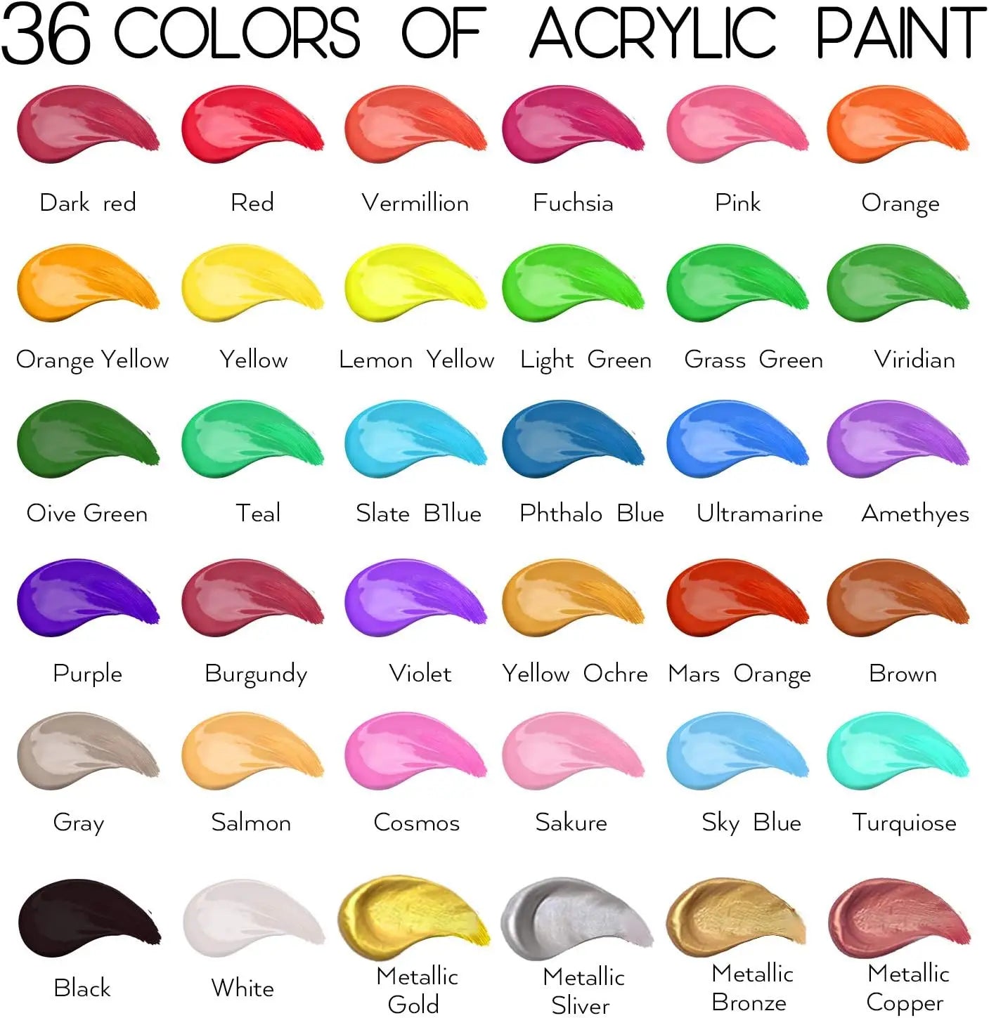 55PCS Acrylic Paint Set with 36 Colors, 60ml Bottles, Paints Brushes for Kids and Artists