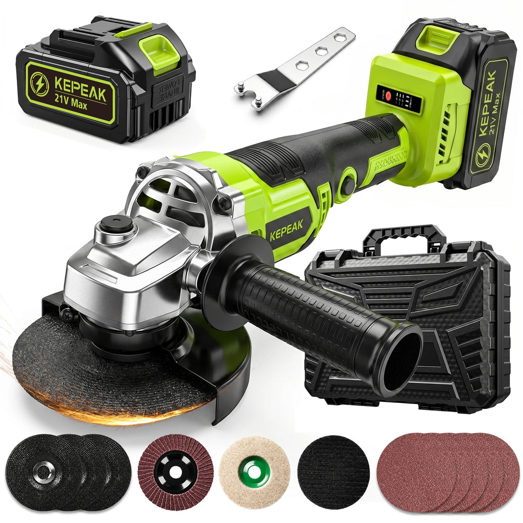 21V Cordless Brushless Angle Grinder 3 Speed 10000RPM Portable Cutting Grinding Polishing Machine With 21V Lithium Battery Fast Charger Hard Storage Box Complete Grinding Discs Set For Metal Wood Stone