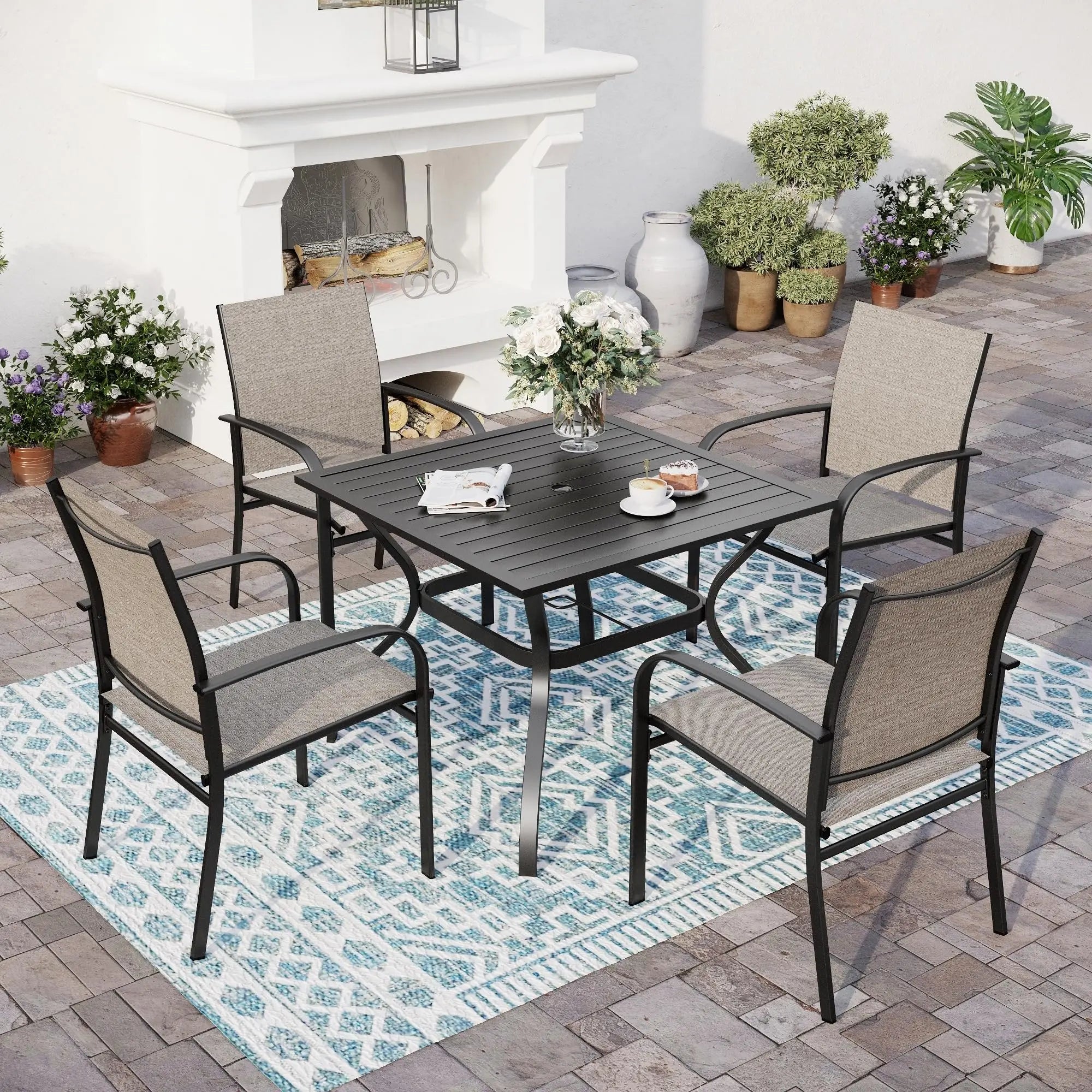 SUNSHINE VALLEY 5/9 Piece Patio Dining Set, Square Table with Umbrella Hole, 4 Metal Brown Chairs, Outdoor Table Chairs Set