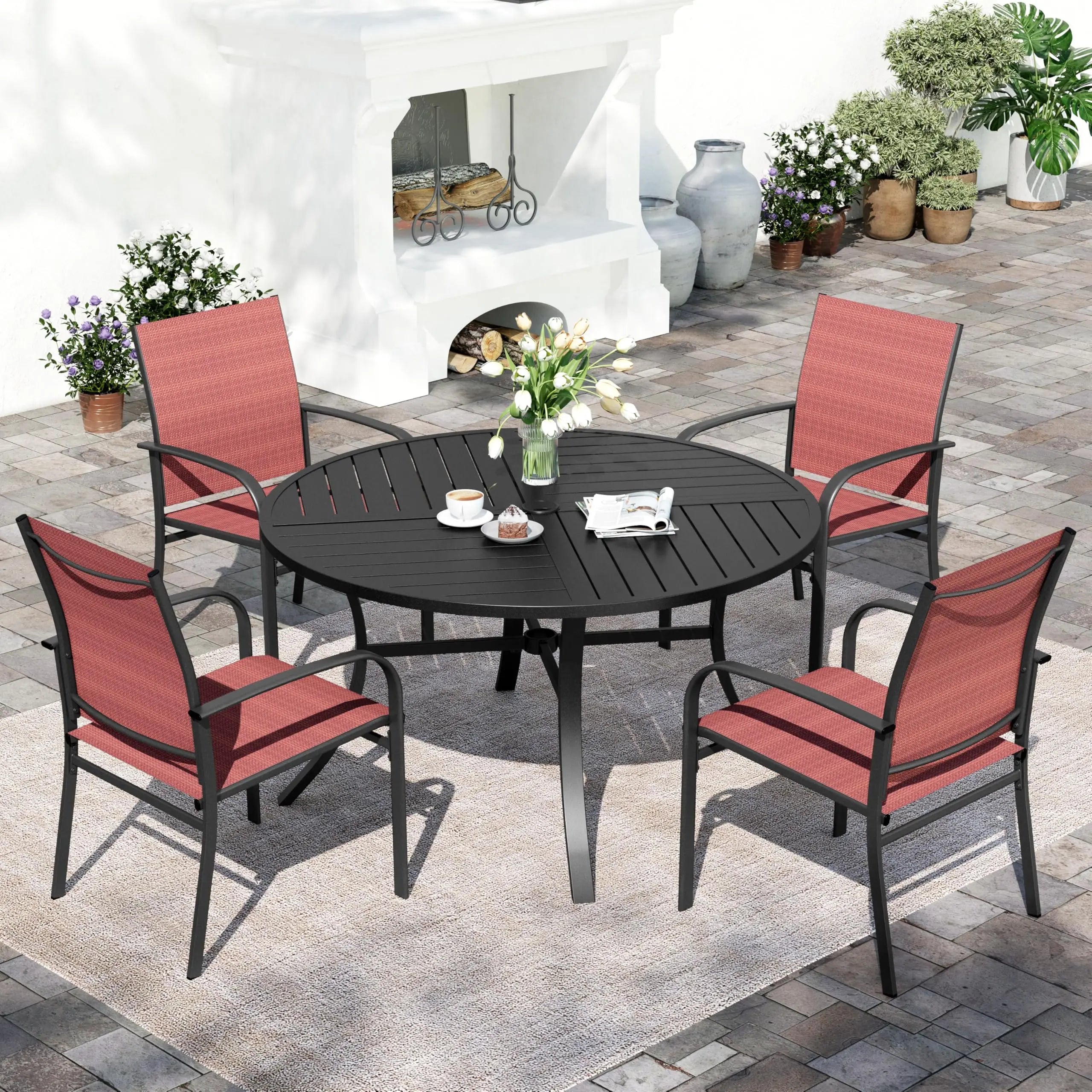 SUNSHINE VALLEY 5/9 Piece Patio Dining Set, Square Table with Umbrella Hole, 4 Metal Brown Chairs, Outdoor Table Chairs Set