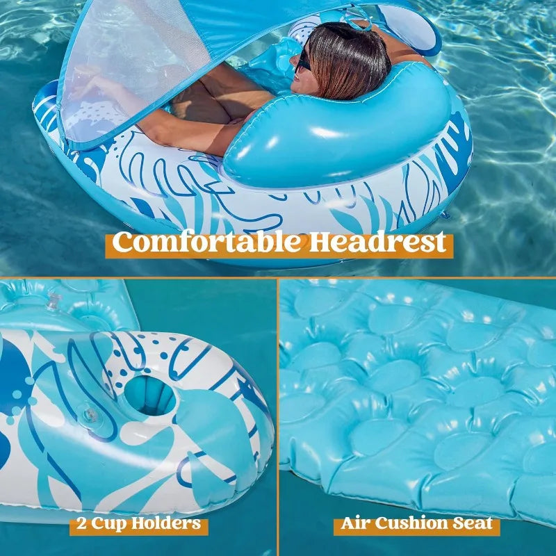 JOYFY XL Inflatable Pool Floats with Canopy, Lounge Chairs with Cup Holders for Adults, Inflatable Floaties Party Beach Summer