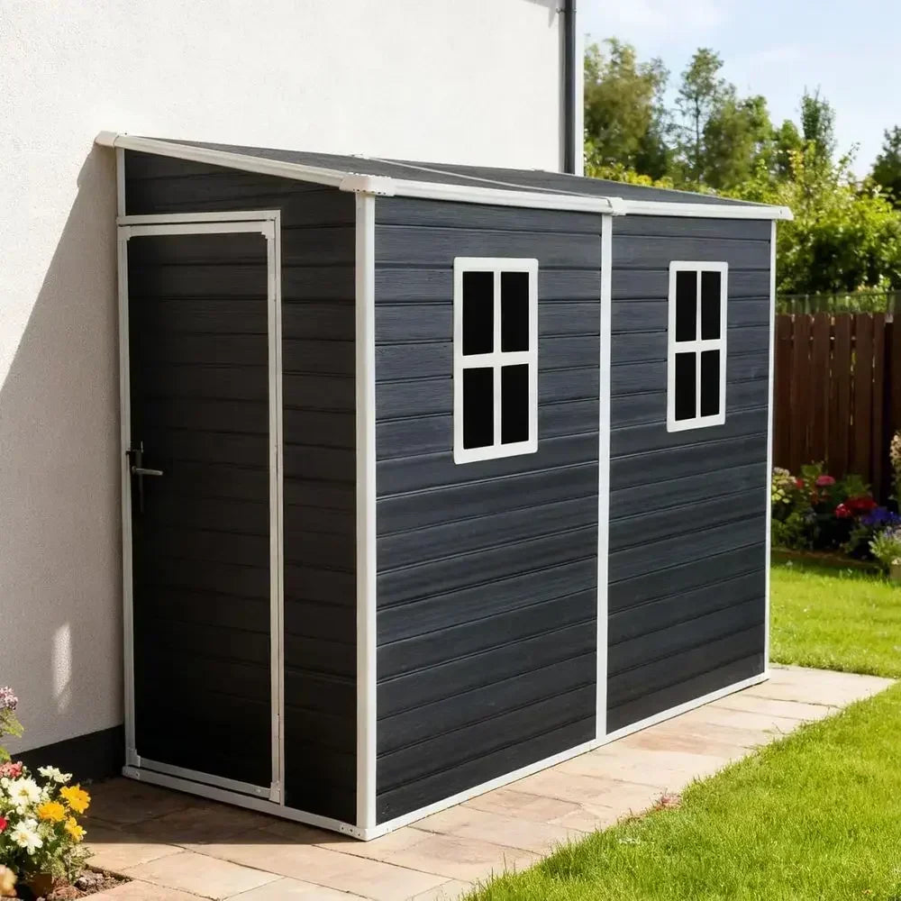 4x8 Outdoor Resin Storage Shed with Floor, 2 Windows, Ideal for Garden Tools and Bicycle Storage