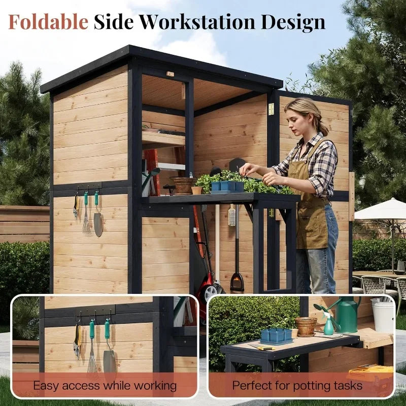 Jocisland Solid Fir Wood Outdoor Storage Shed,Garden Tool Shed with Foldable Workbench, Adjustable Shelves,Sloping Roof