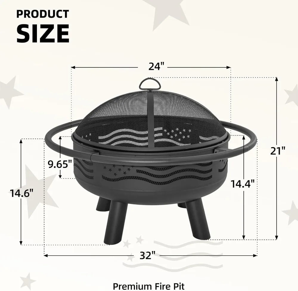 32 Inch American Flag Fire Pit, Firepit with Mesh Cover & Poker, Outdoor Metal Wood Burning Firepit, Firepit for Patio Garden Backyard