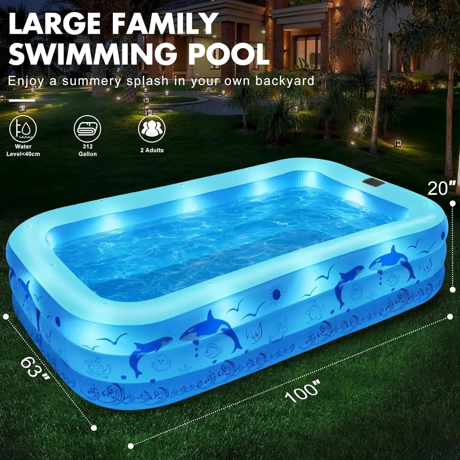2026 Upgrade Inflatable Pools with Lights, Inflatable Swimming Pools for Adults, Blow Up Pool Solar, Large Pool, Durable Thicken