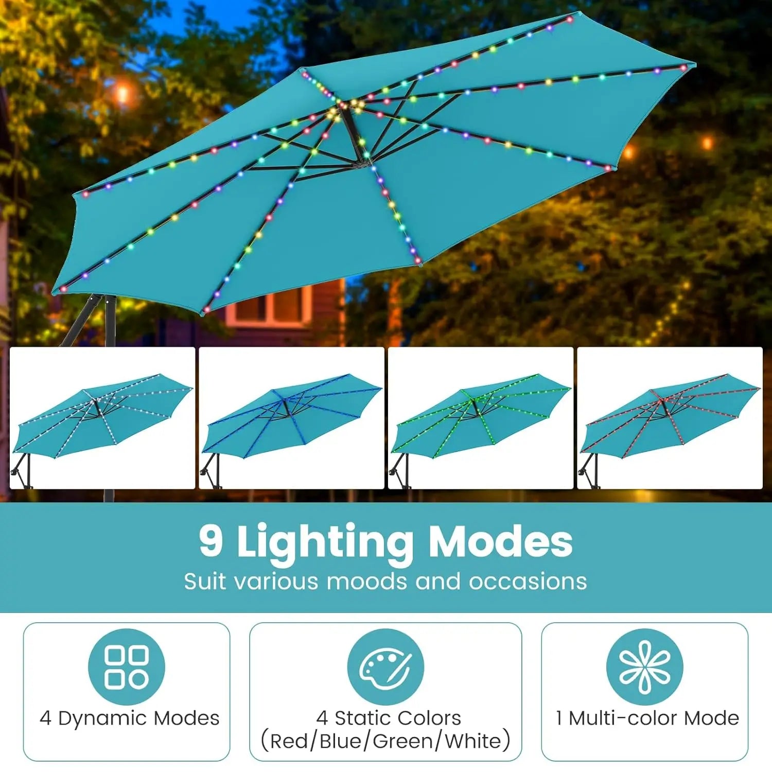 10 FT Solar Patio Umbrella with Base Included, Cantilever Offset Hanging Outdoor Umbrella with 96 Multi-Colored Solar Lights