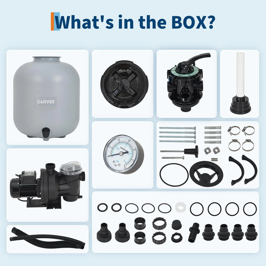 Garvee Above Ground Pool Sand Filter System, 19 Inch 1.5HP 6075 GPH Pump With 7-Way Valve, Timer And Strainer Basket