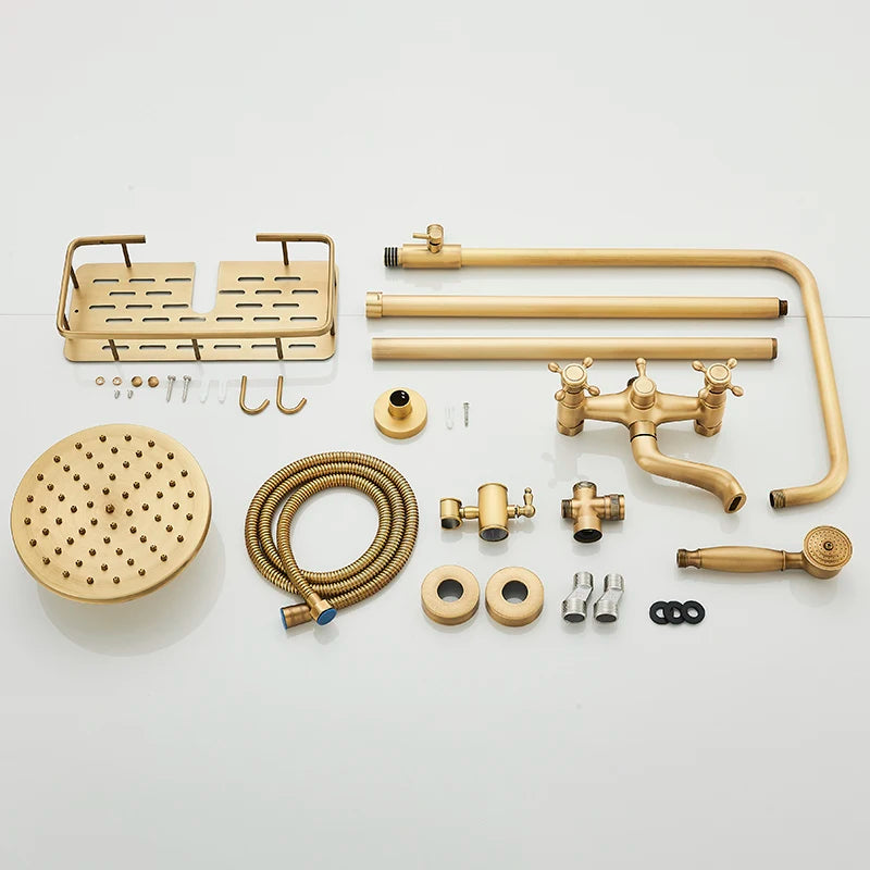 Antique Brass Shower Faucet Set, Rainfall Head Shower, Handheld Shower