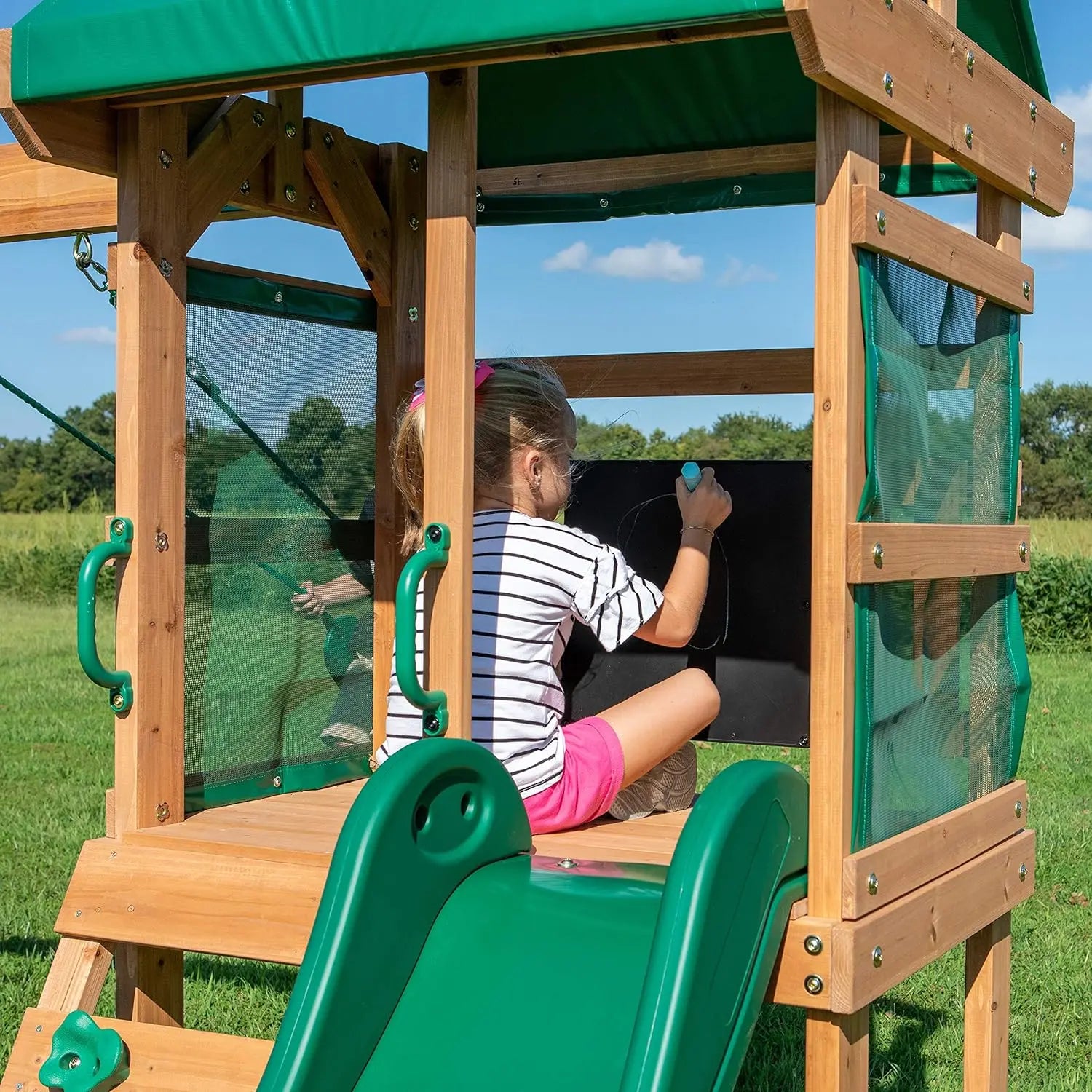 Buckley Hill Cedar Wood Swing Set with Wave Slide, Play Deck, Rock Wall Ladder, Belt Swings, Chalkboard, Canopy Roof, Outdoor Play Center.