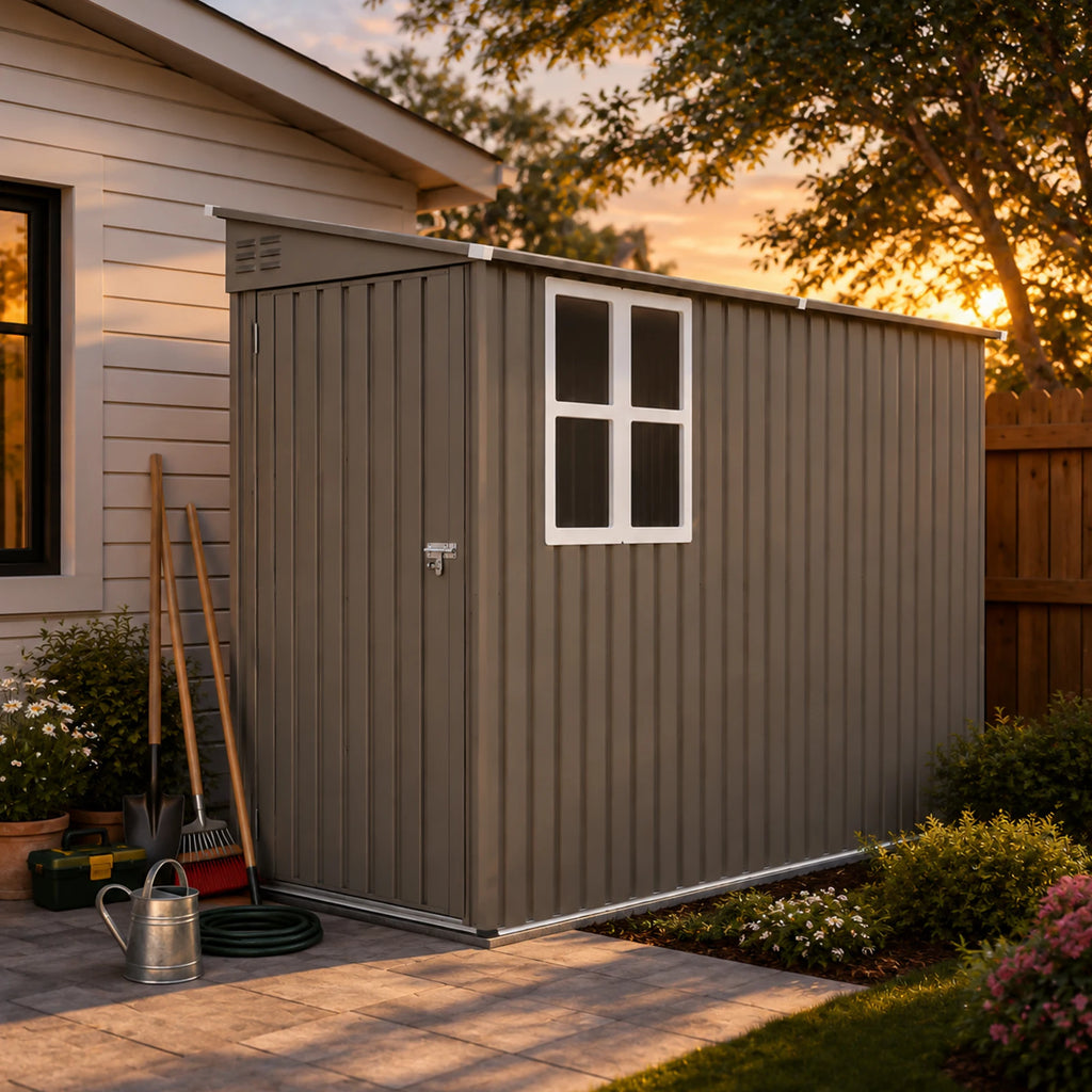4x9FT Olive Grey Metal Storage Shed, Galvanized Steel Tool House with Window & Thick Frame, Outdoor Garden Equipment Organizer for Backyard