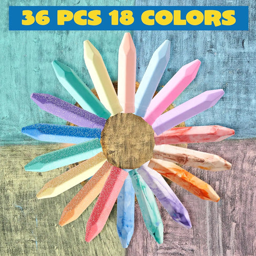 36 Washable Sidewalk Chalk, 6 Packs with Tie-Dye, Glitter & Neon Colors for Kids Outdoor Fun