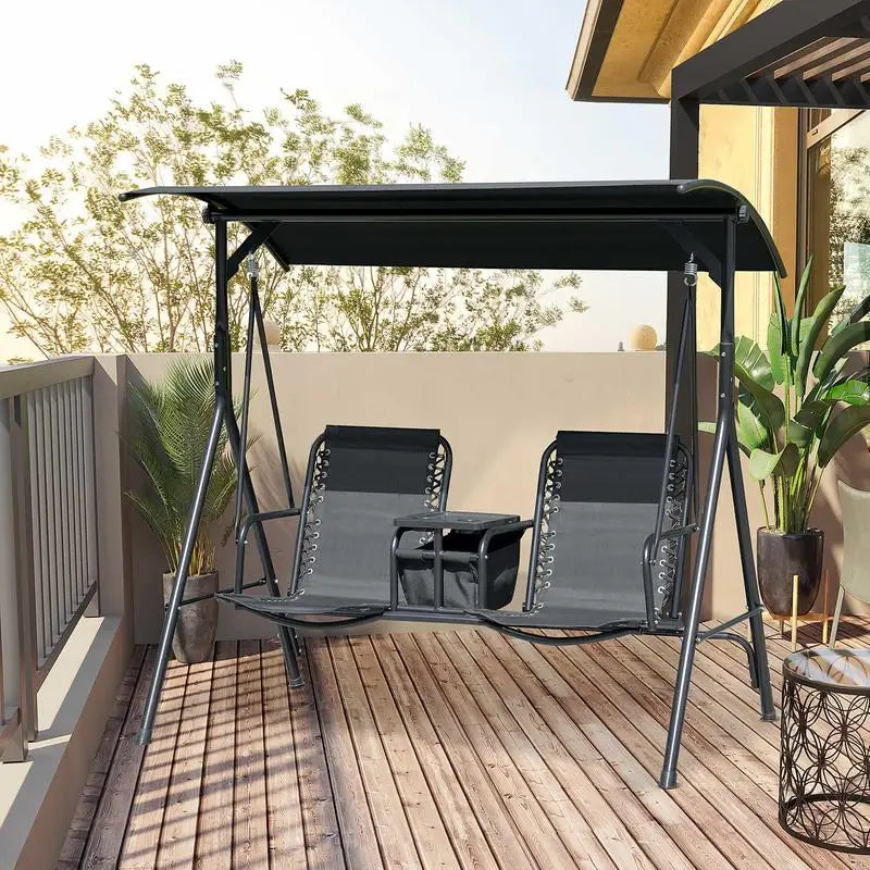 Outsunny 2-Seat Outdoor Porch Swing, with Pivot Storage Table, Cup Holder, & Adjustable Overhead Canopy, Stand's Skid-Resistant Feet Pad, Breathable Mesh Seat, Steel Frame, for Patio, Black
