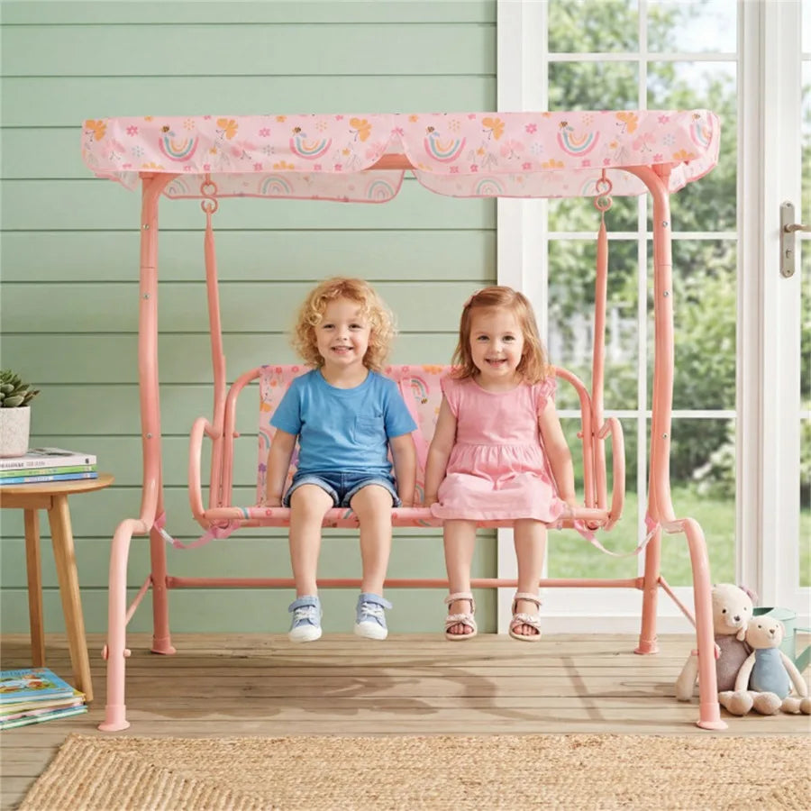 2-Seater Patio Swing with Adjustable Canopy and Safety Belts, Outdoor Toddler Swing Bench - PINK