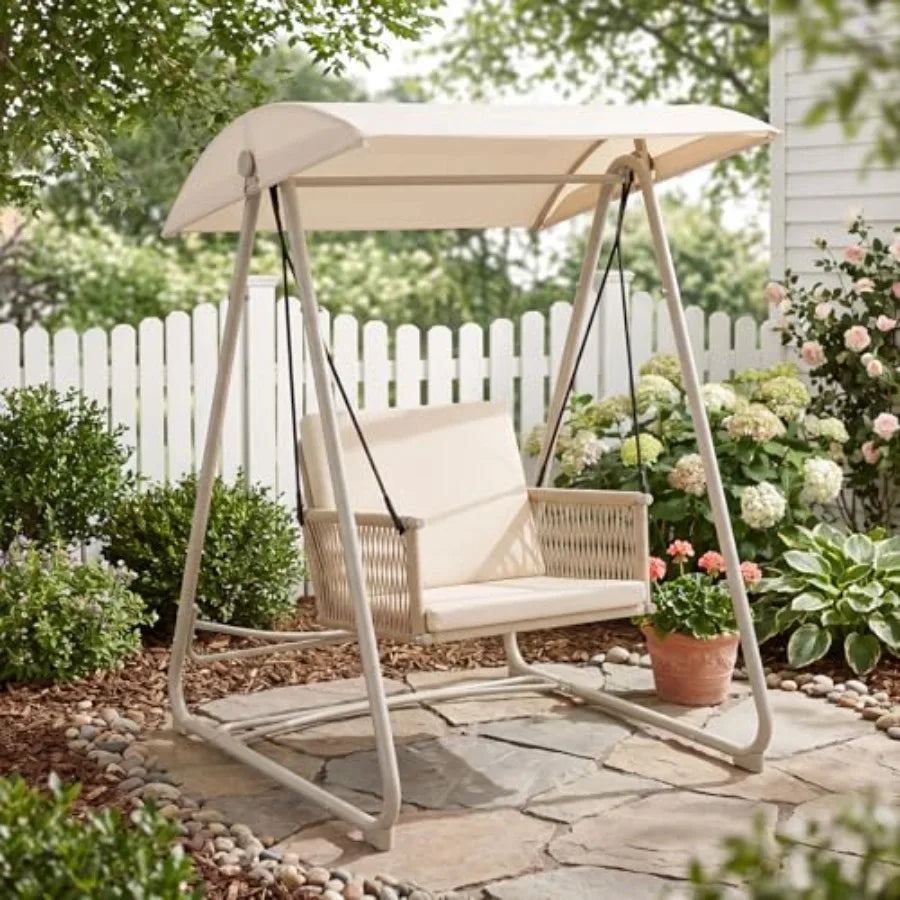 Outdoor Patio Swing Chair with Adjustable Canopy, Heavy-Duty Triangular Frame, Single Seat Garden Hammock Swing for Backyard
