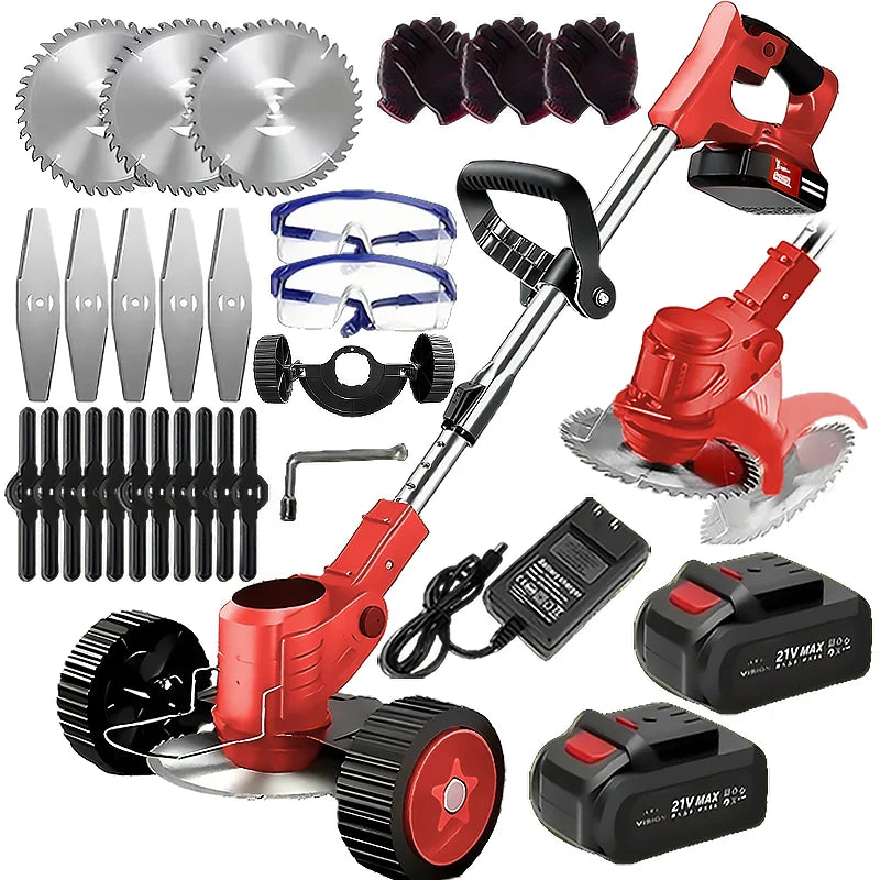Wireless portable weed trimmer for lawn trimming. The trimmer is equipped with 2 lithium batteries and comes with replaceable blades