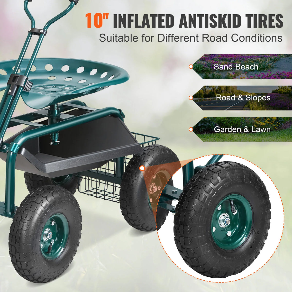 SucceBuy Garden Cart Rolling Work seat with Wheels Gardening Stool for Planting 360Degree Swivel Seat Wagon Scooter with Steering Wheel