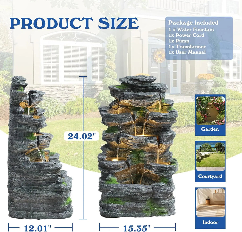 7-Tier Cascading Rock Water Fountain Outdoor Garden Waterfall with Lights,Fountain Indoor Decor for Garden, Patio, Backyard
