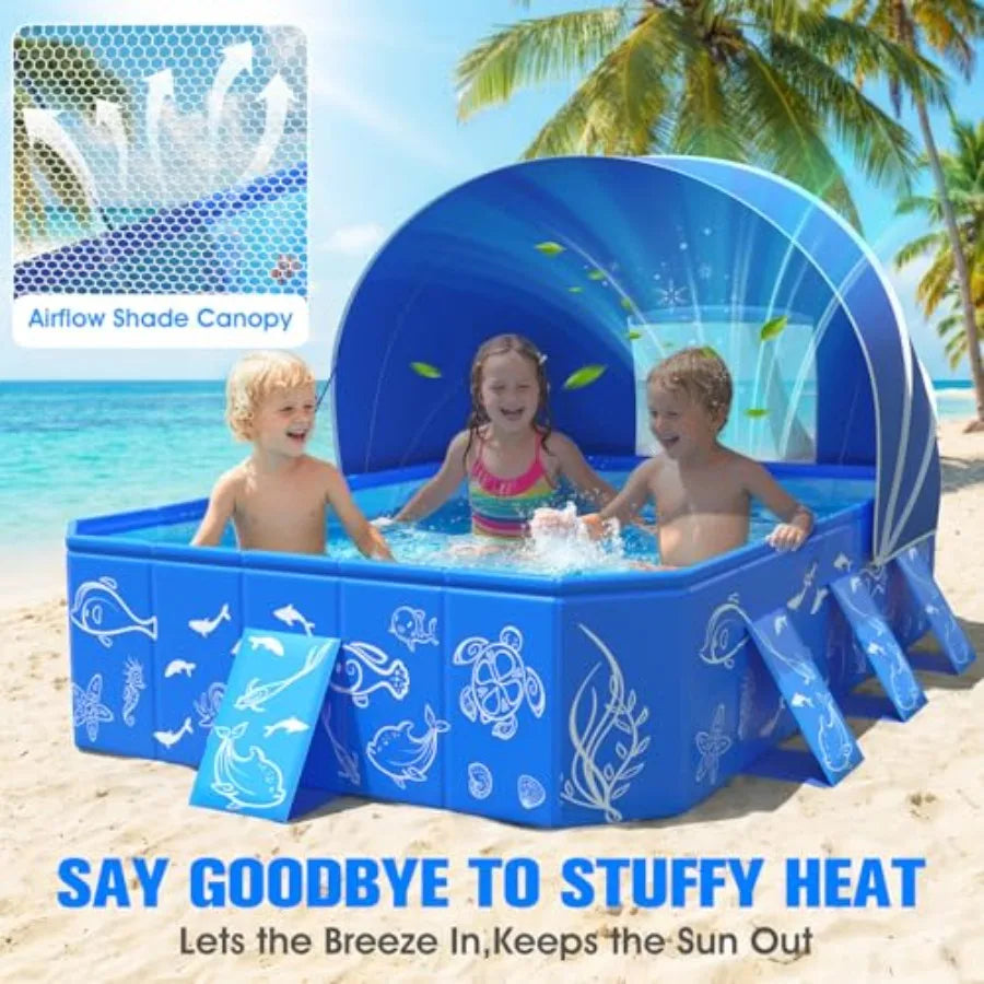 2026 Kiddie Pool with Canopy, Baby Swimming Pool for Toddler, Non-Inflatable, Foldable Pool for Babies, Portable Toddler Pool with Shade