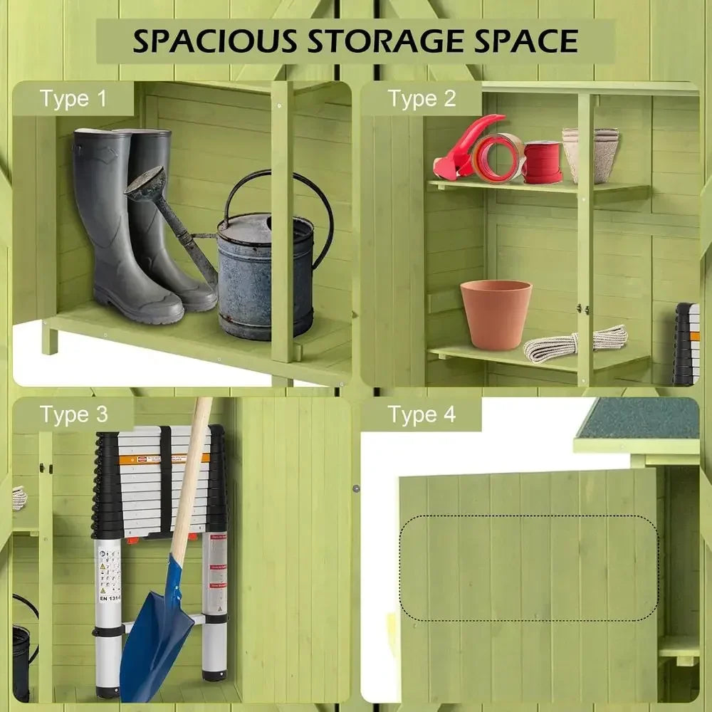 Extra Large Outdoor Wooden Storage Shed with 2 Shelves, Light Green Garden Tool Cabinet for Lawn Equipment