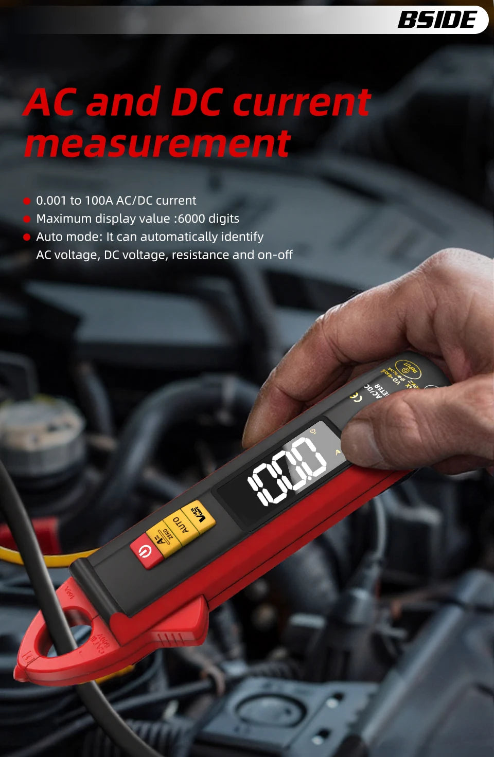 BSIDE Clamp Multimeter True RMS 6000, DC/AC 100A 1mA Auto Current Meter, Intelligent Burn-Proof Digital Clamp Meter for Electricians