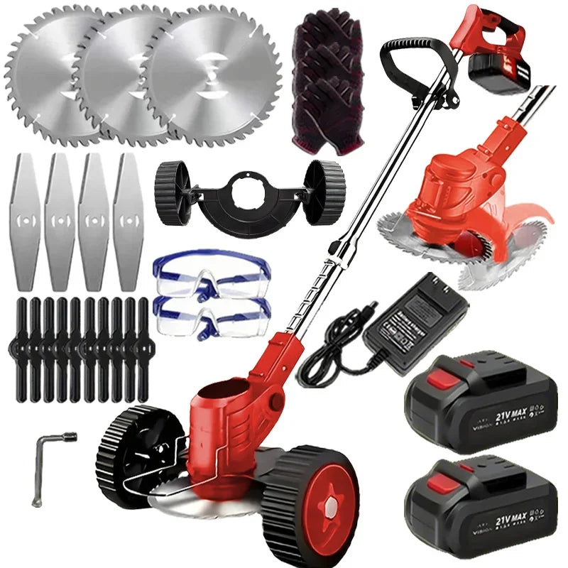 Wireless portable weed trimmer for lawn trimming. The trimmer is equipped with 2 lithium batteries and comes with replaceable blades