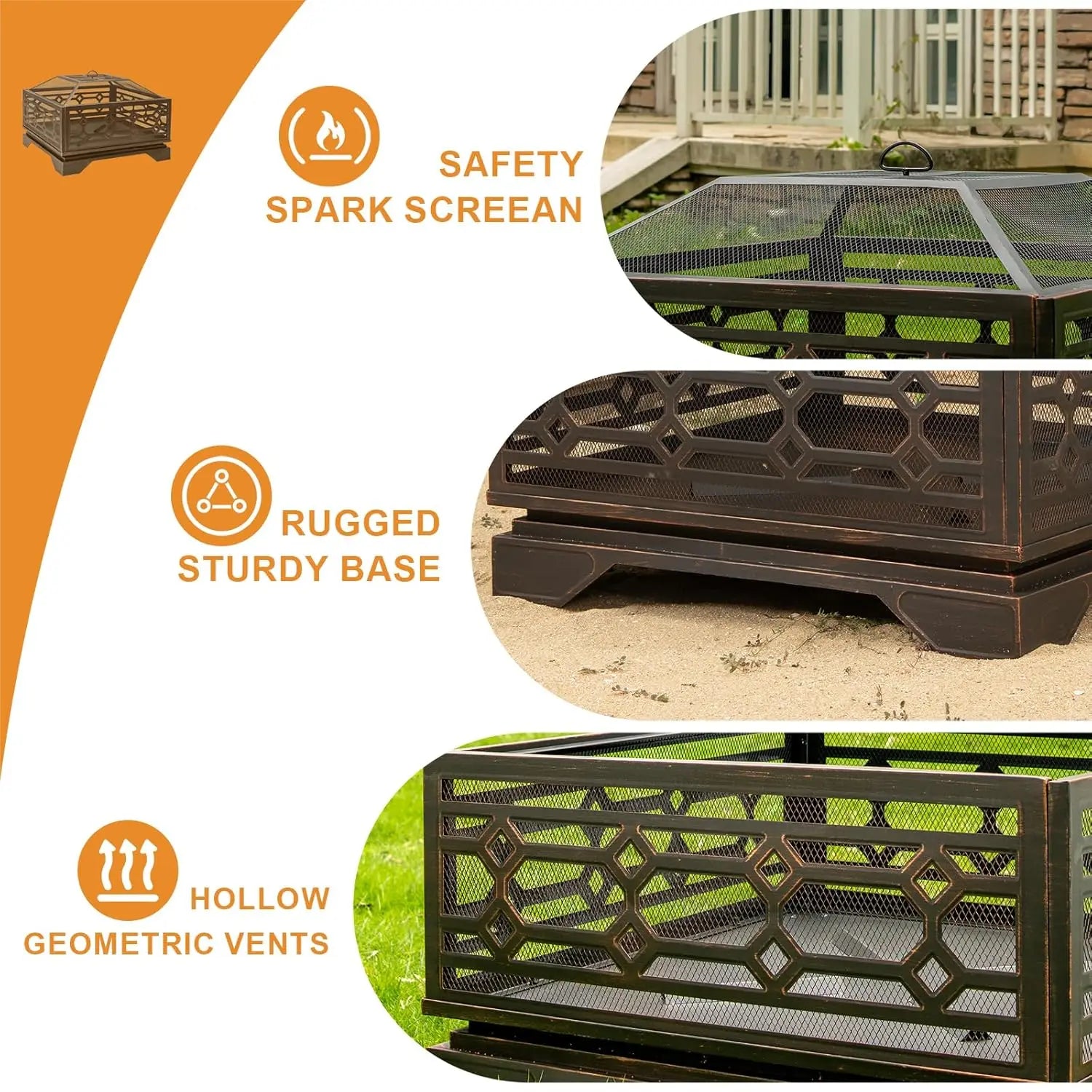 Outdoor Fire Pit, 32 Inch Wood Burning Firepit: Outside Firepit With Mesh Cover & Fire Poker, Large Square Metal Firepit, Customized