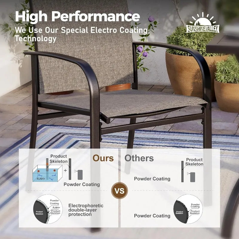SUNSHINE VALLEY 5/9 Piece Patio Dining Set, Square Table with Umbrella Hole, 4 Metal Brown Chairs, Outdoor Table Chairs Set