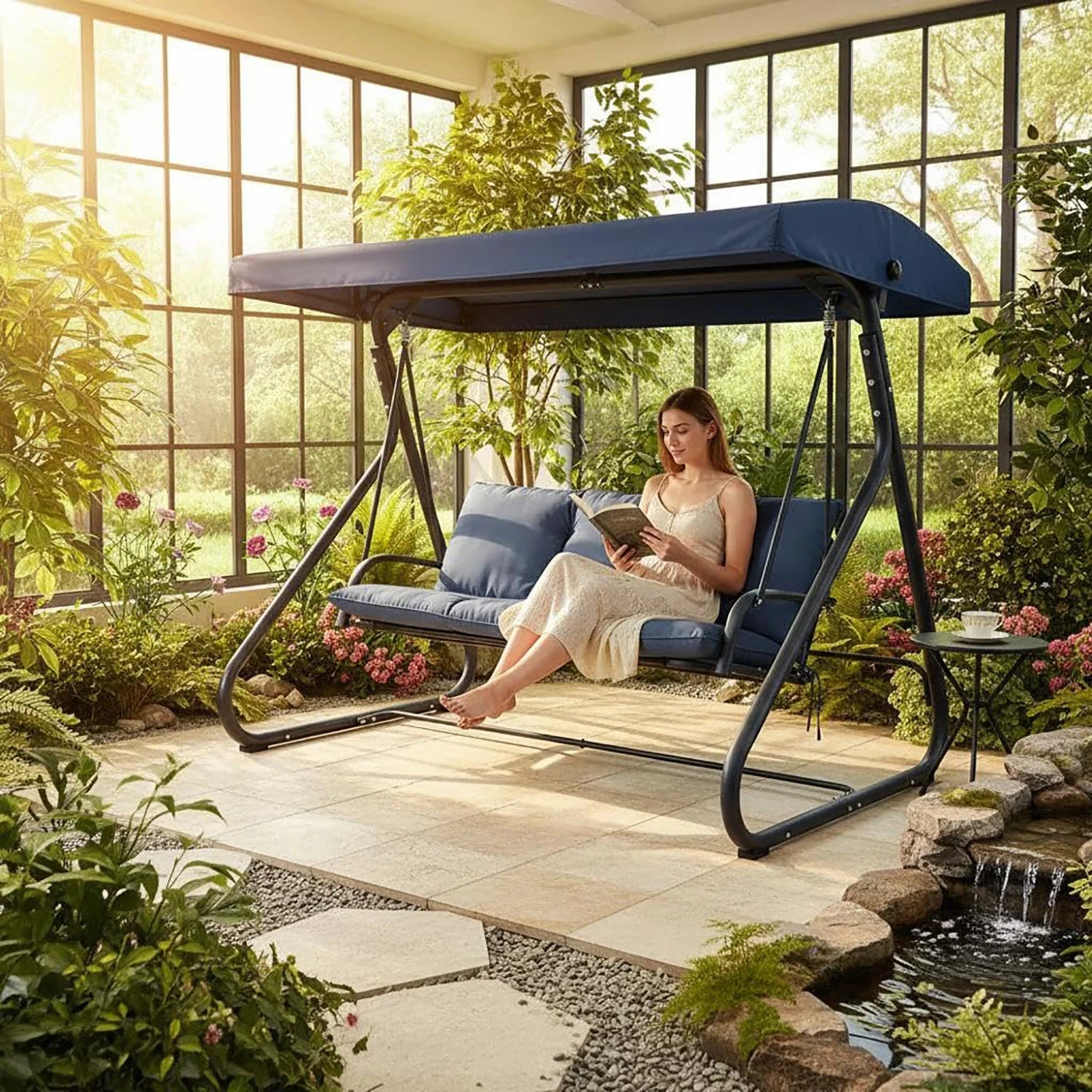 3-Seat Convertible Outdoor Swing Bed With Adjustable Canopy 2-In-1 Patio Glider Bench 750lbs Capacity For Porch Backyard