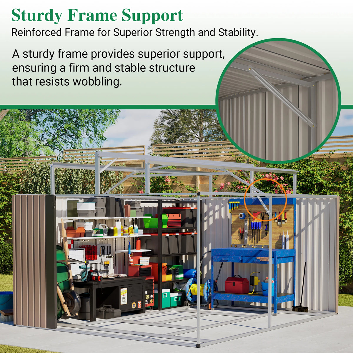 10' x 12' Metal Outdoor Storage Shed with Floor Frame Kit Tool Shed Heavy Duty, Floor Not Included