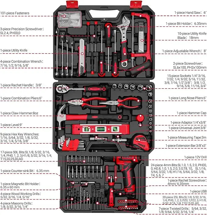 DEKO Home Mechanic Toolbox, 12V Power Cordless Drill, Hand Repair Tools Set, Molded Toolbox W/Drawer