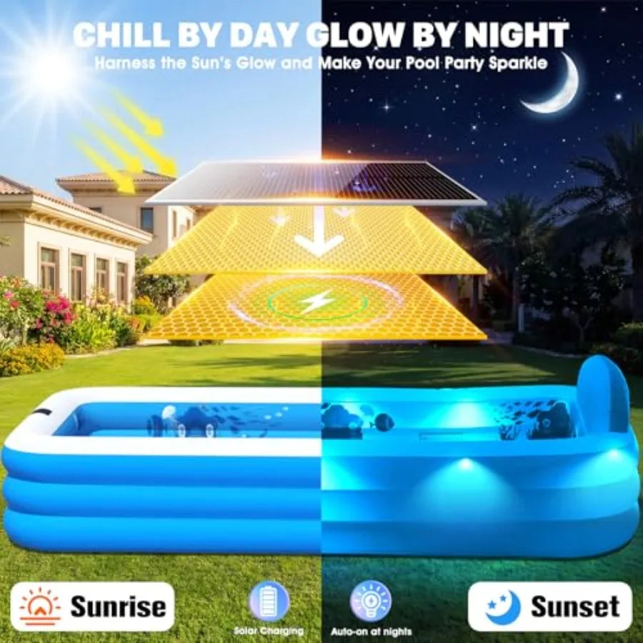 AlxPool Extra Large Inflatable Pool with Lights PVC Blue Solar-Powered LED Lighting Built-in Seat/Backrest for Backyard Use 120"x73"x20"